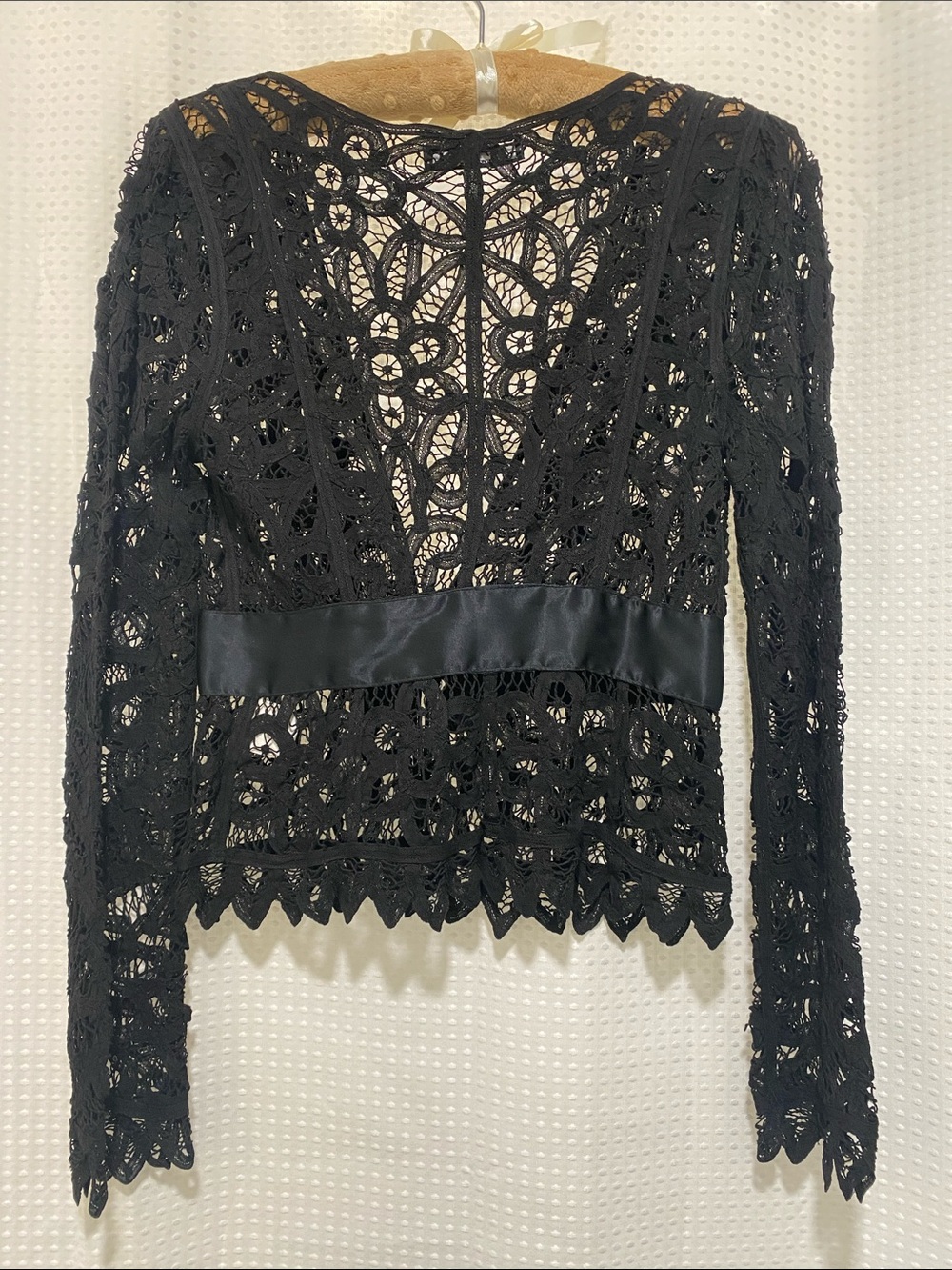 Vintage Betsey Johnson New York Black Lace Long Sleeve Bow-Waist Top - Picture 8 of 15